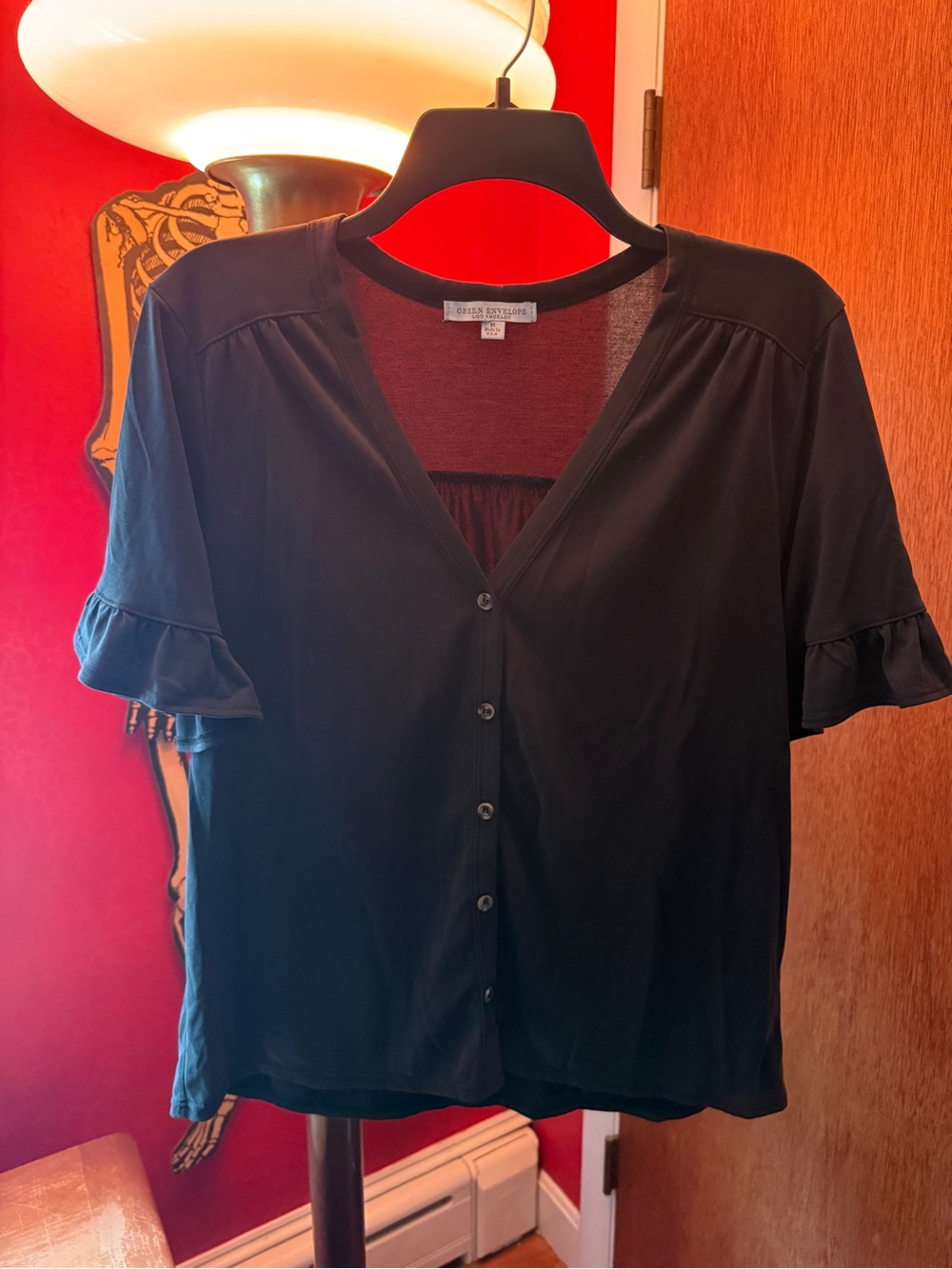 Green Envelope Black Button-Front Ruffle Sleeve Top